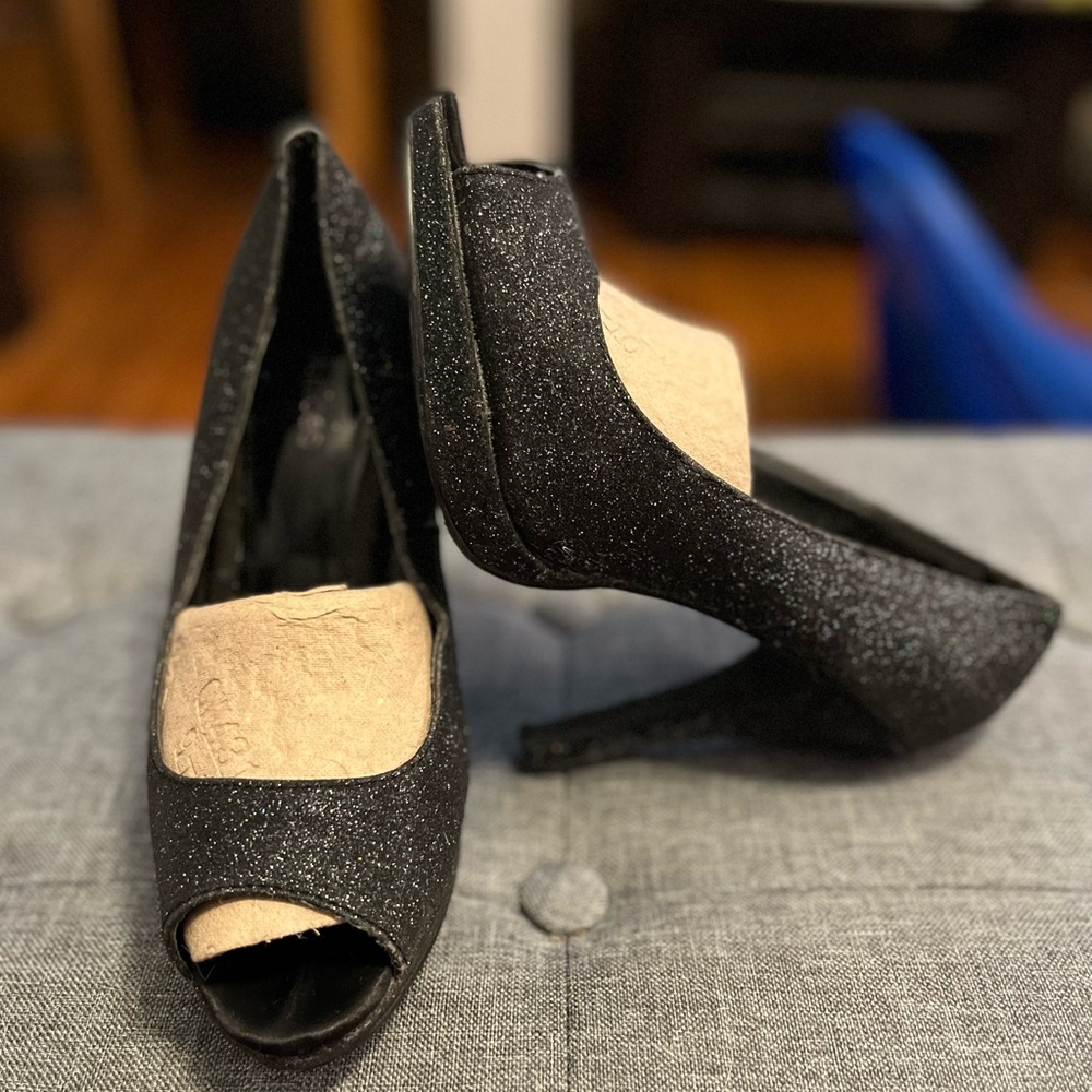 Maurices Black Glitter Open Toe Heels 7
